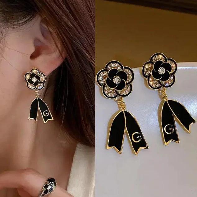 Korean Luxurious Crystal Flower Black Gold Earring