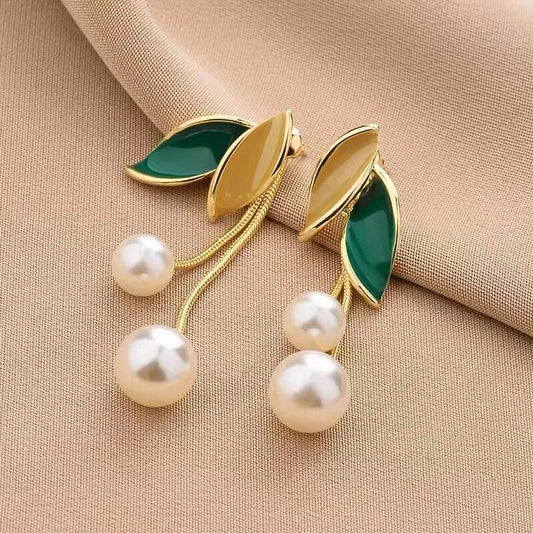 korean leaf pearl drop earring