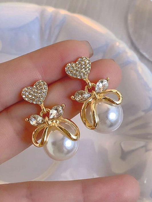 Korean Rhinestone Heart & Faux Pearl Decor Earrings Gold