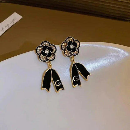 Korean Luxurious Crystal Flower Black Gold Earring
