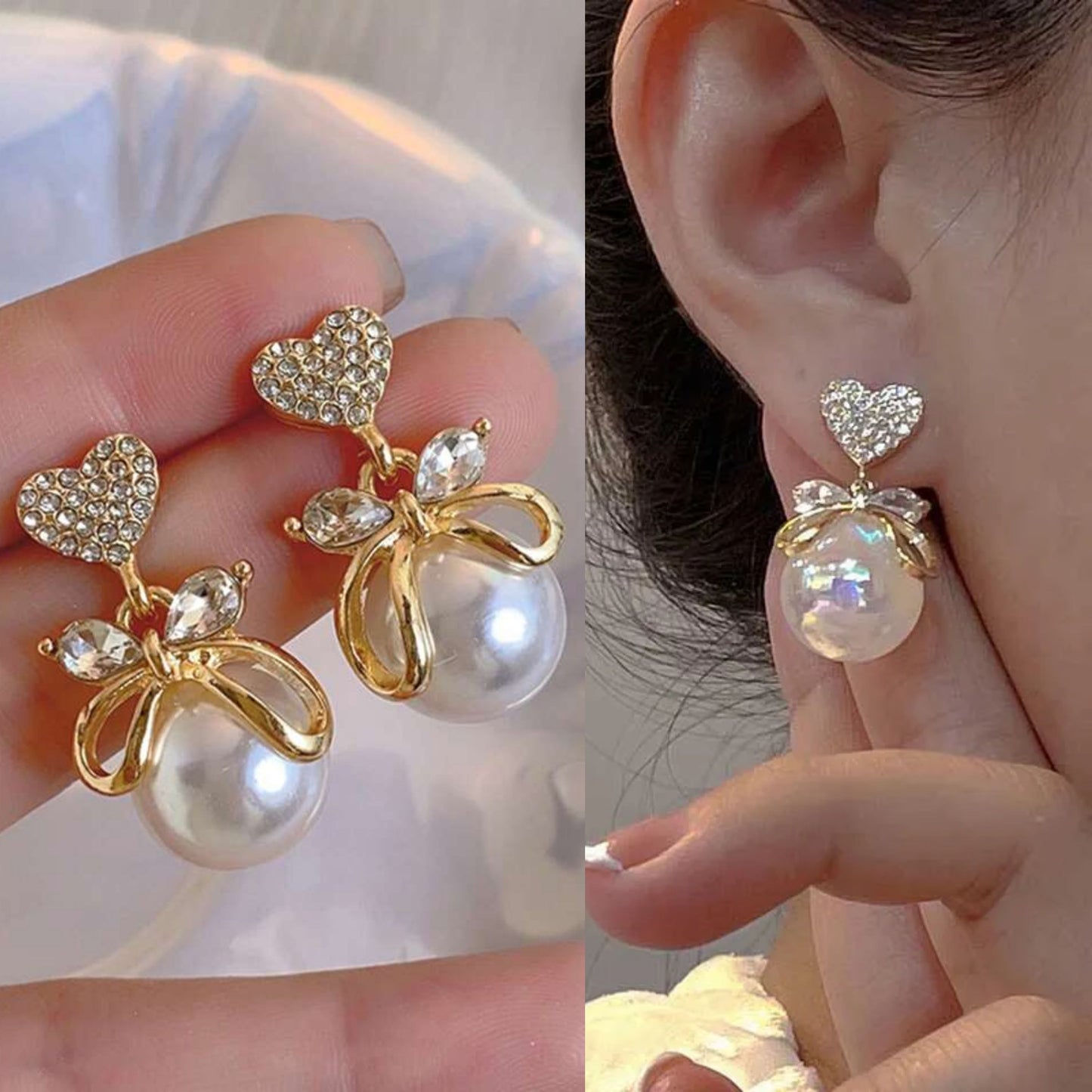 Korean Rhinestone Heart & Faux Pearl Decor Earrings Gold3