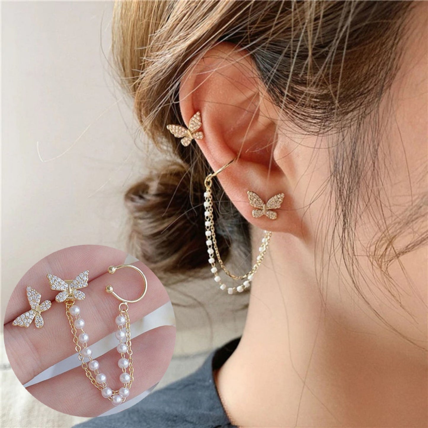 Korean Butterfly Pearl chain drop Earring