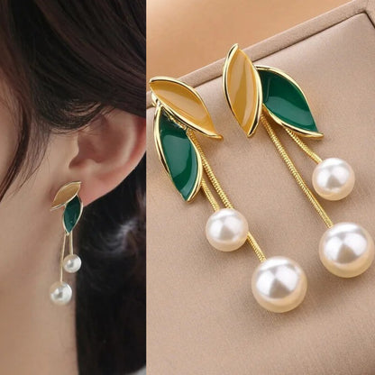 korean leaf pearl drop earring