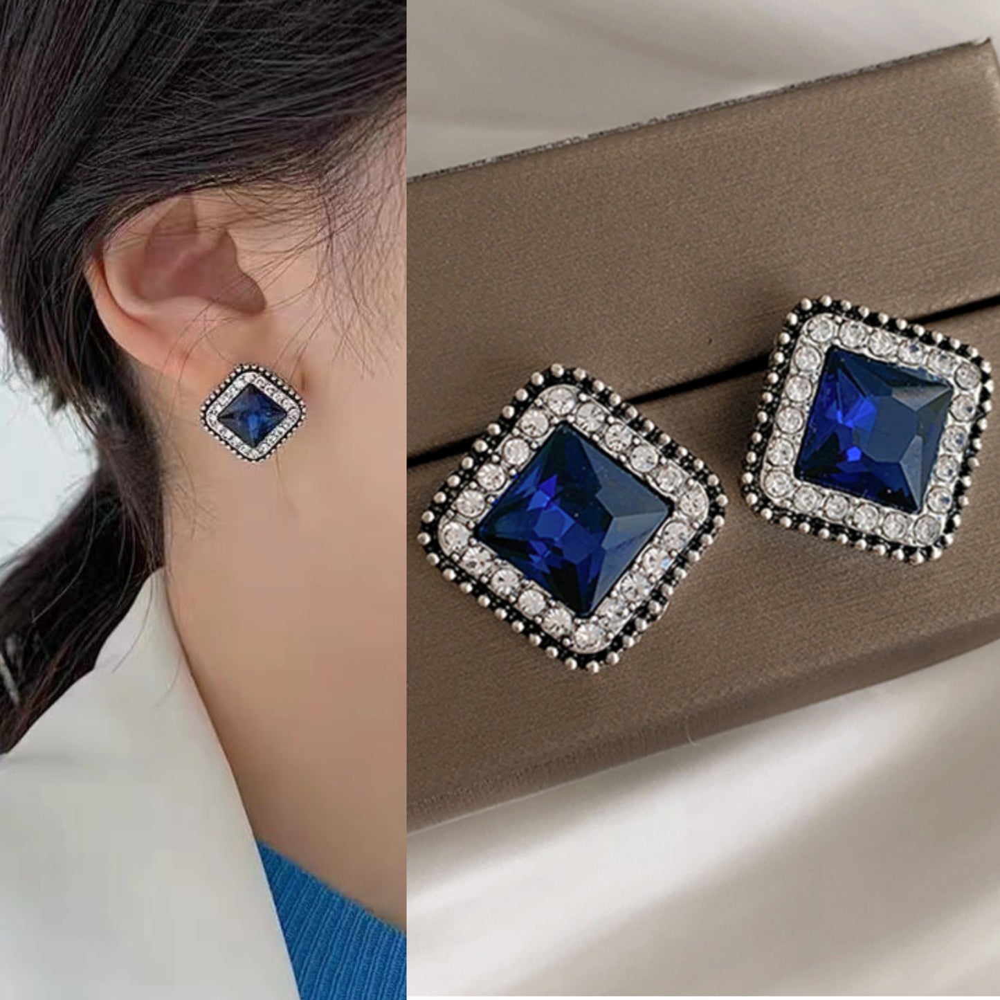 Korean Square Luxurious Zirconia Blue stone stud Earring