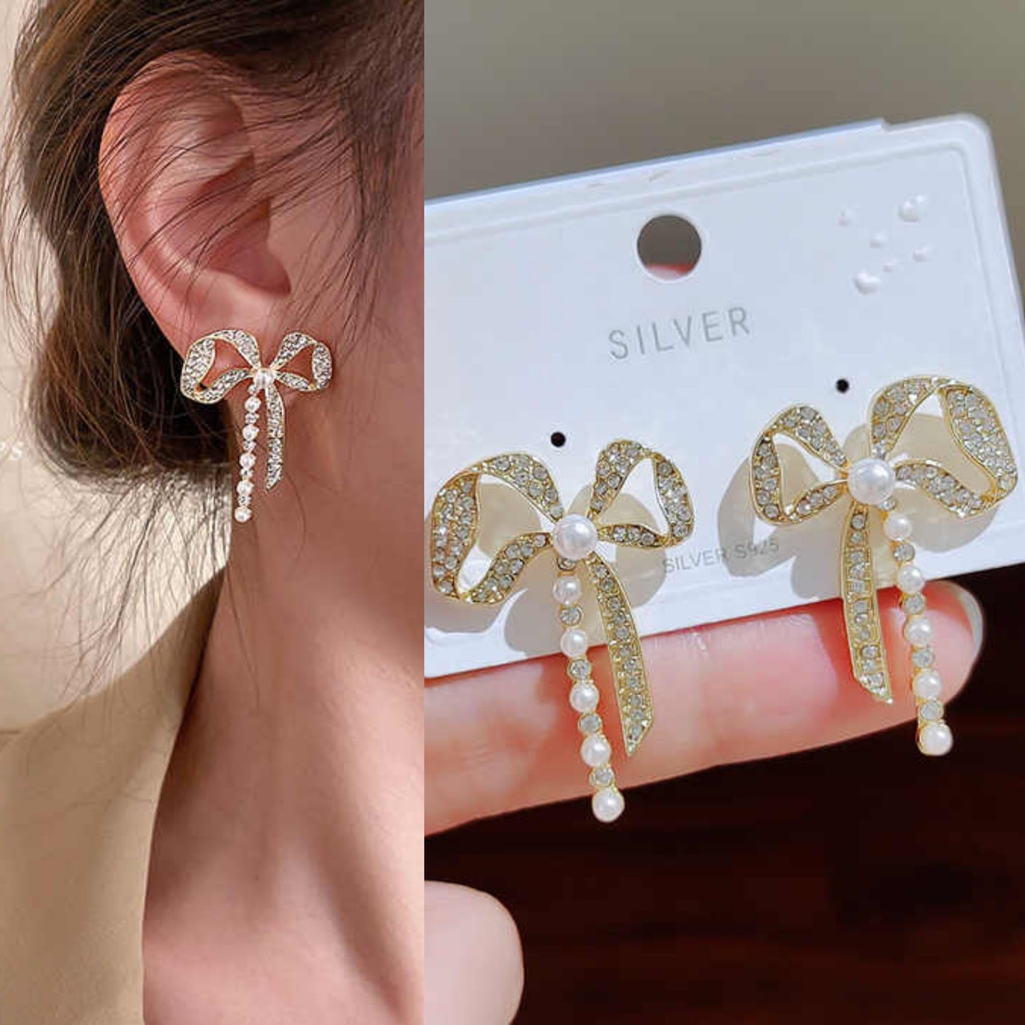 korean bowknow pearl and zirconia earring