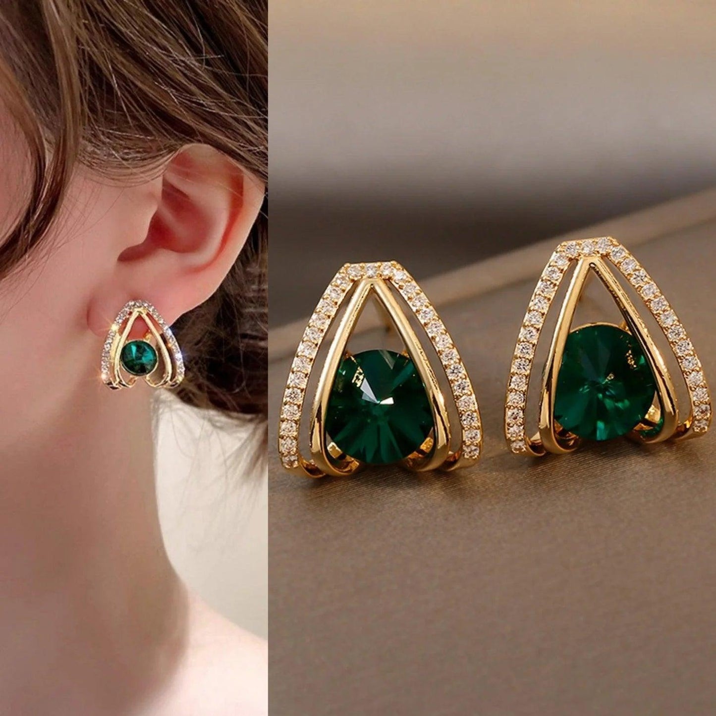 Korean Luxurious Green Stone Drop Gold Earring