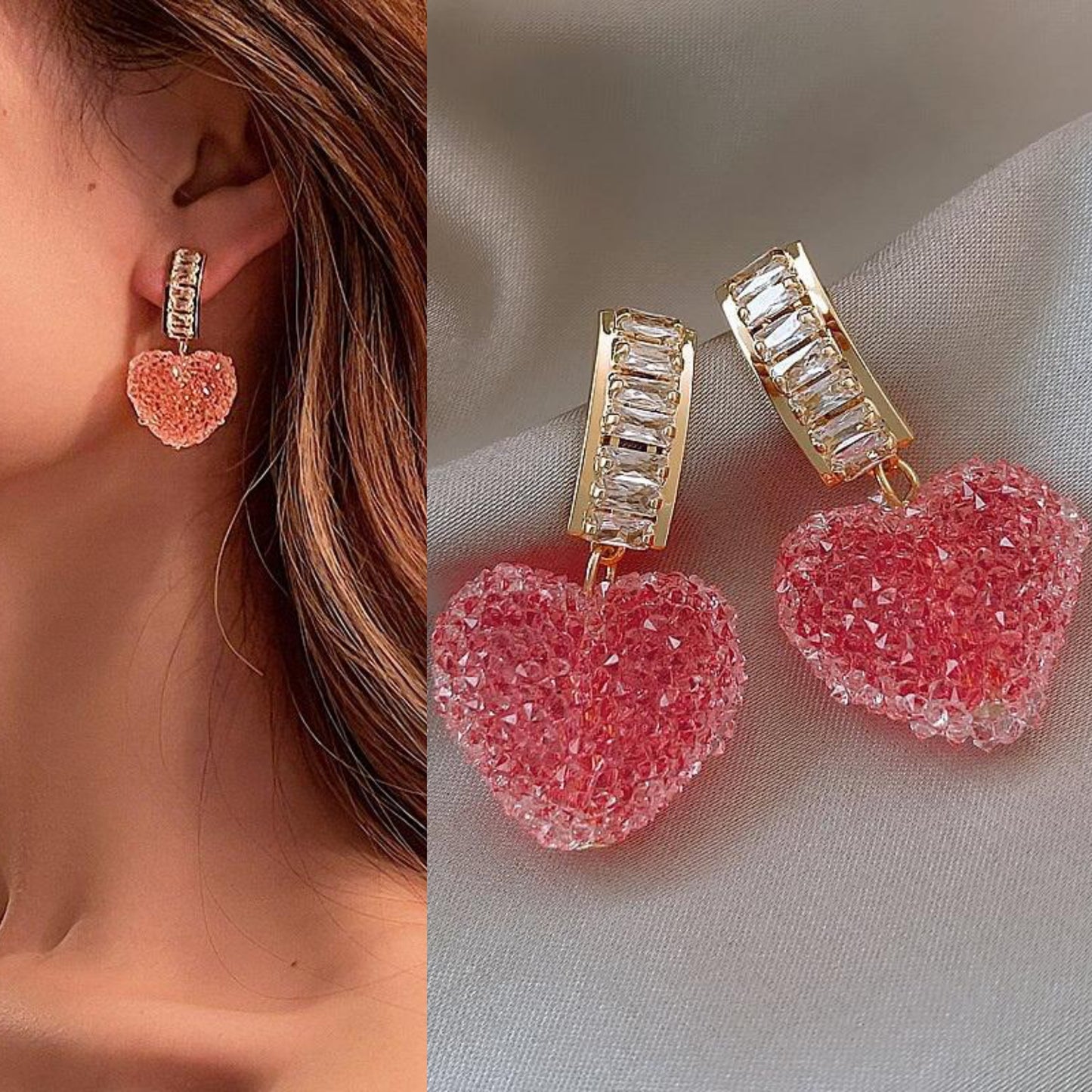 Korean pink Diamond heart Luxurious Earring