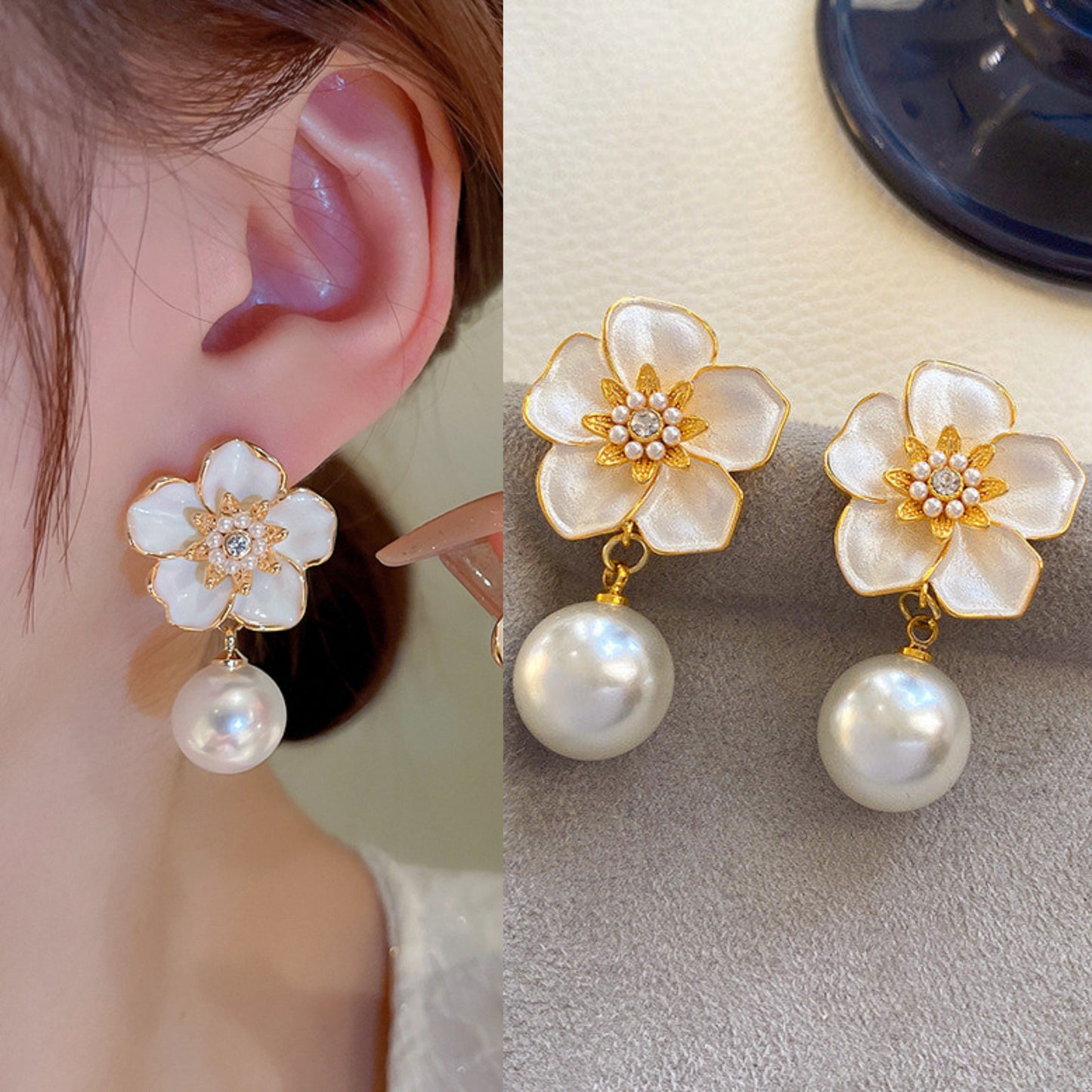 Korean beautiful flower white earring