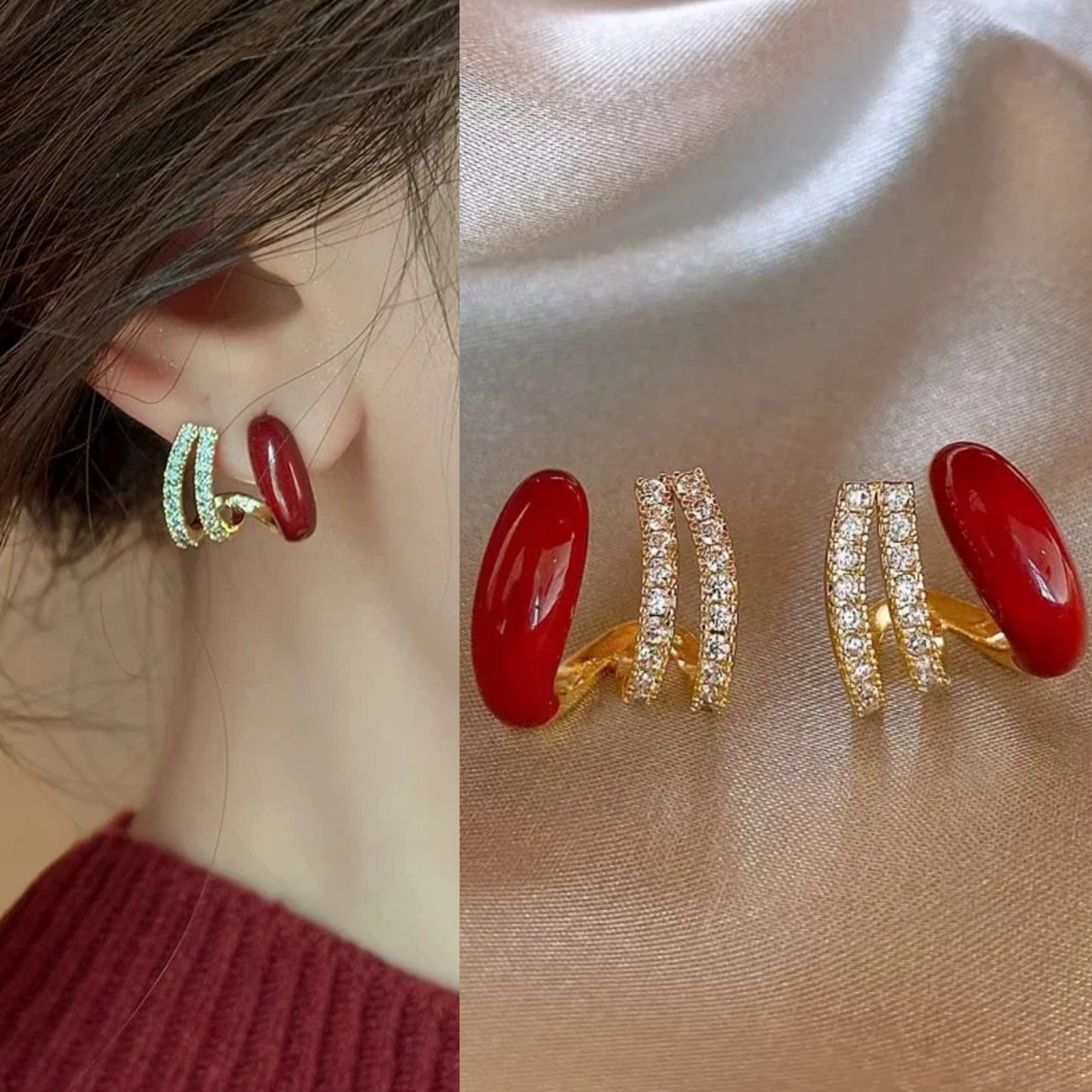 korean beautiful red zirconia earring