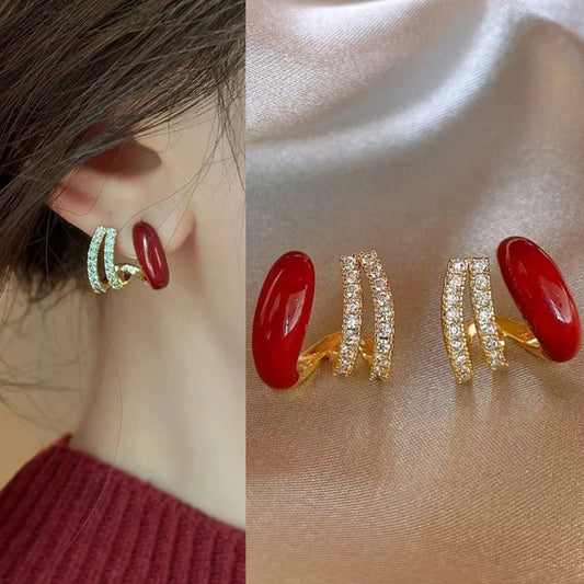 korean beautiful red zirconia earring