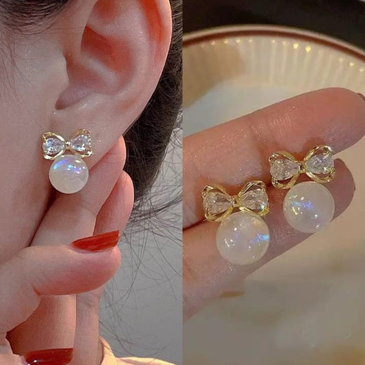 korean diamond bow pearl earring