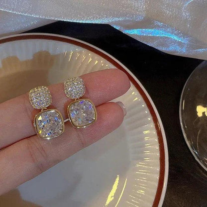 Korean Luxury Classic Geometric White Crystal Zircon Square Earrings Gold