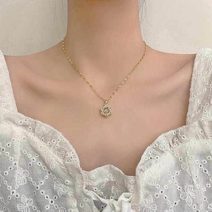 Korean Luxury Beautiful Star Gold Pearl Zirconia Stone Heart Pendant Necklace