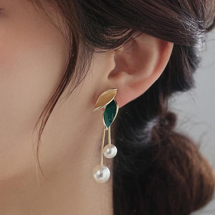 korean leaf pearl drop earring