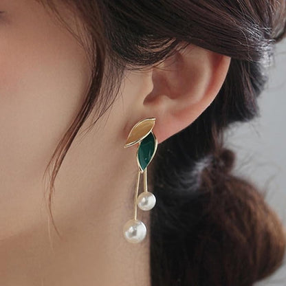 korean leaf pearl drop earring