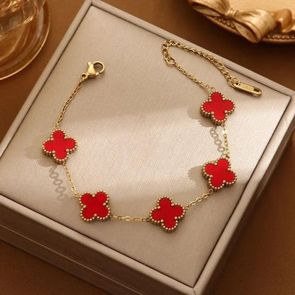 Luxurious Five-Red leaf Clover Bracelet Charm, Delicate Flower Bracelet