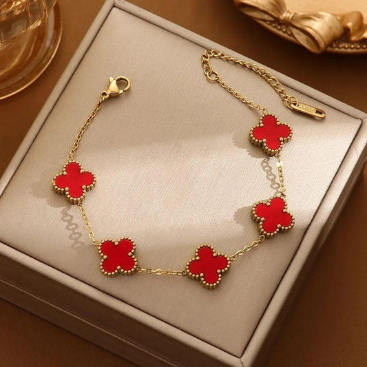 Luxurious Five-Red leaf Clover Bracelet Charm, Delicate Flower Bracelet