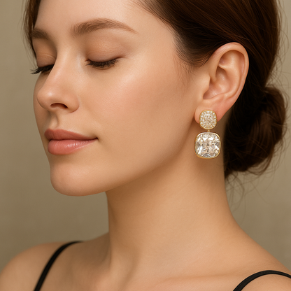 Korean Luxury Classic Geometric White Crystal Zircon Square Earrings Gold