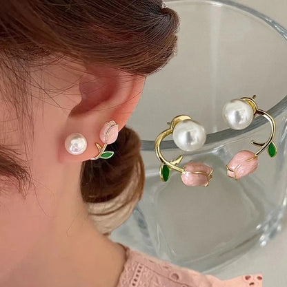 Korean Beautiful Pink Lotus Stud Earring