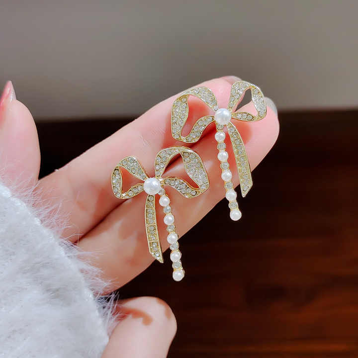 korean bowknow pearl and zirconia earring