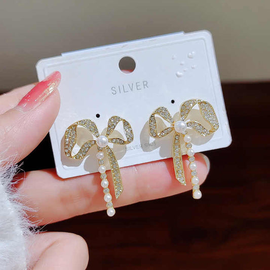 korean bowknow pearl and zirconia earring