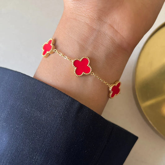 Luxurious Five-Red leaf Clover Bracelet Charm, Delicate Flower Bracelet