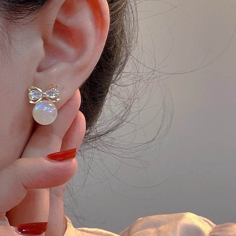 korean diamond bow pearl earring