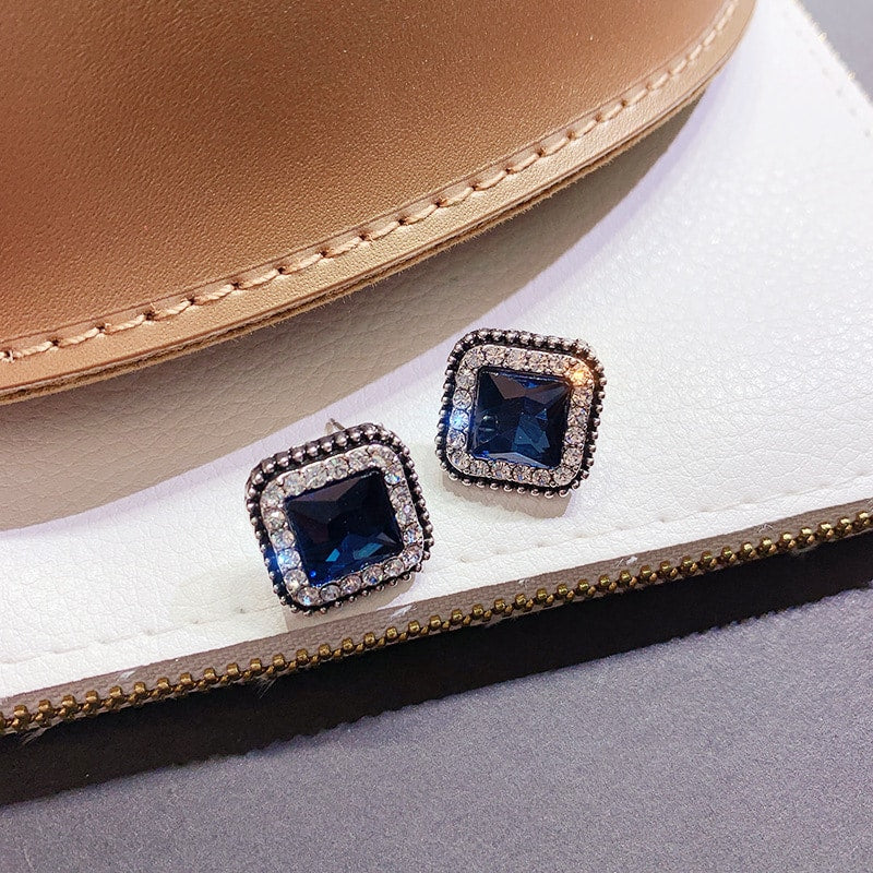 Korean Square Luxurious Zirconia Blue stone stud Earring