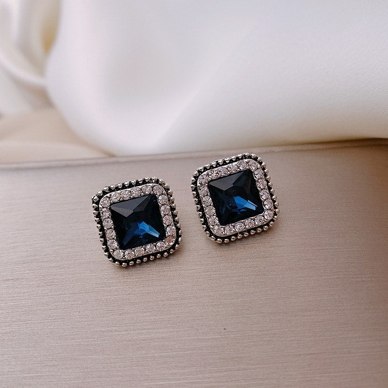 Korean Square Luxurious Zirconia Blue stone stud Earring