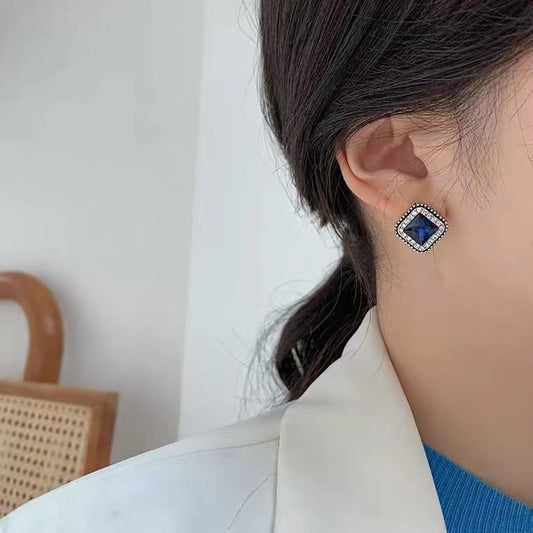 Korean Square Luxurious Zirconia Blue stone stud Earring