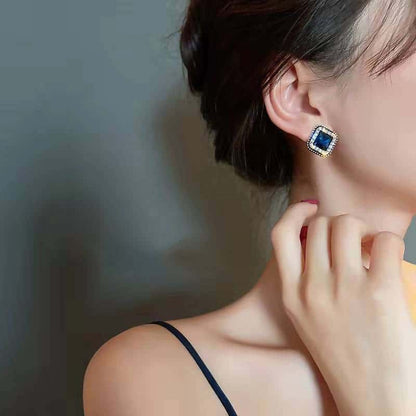 Korean Square Luxurious Zirconia Blue stone stud Earring
