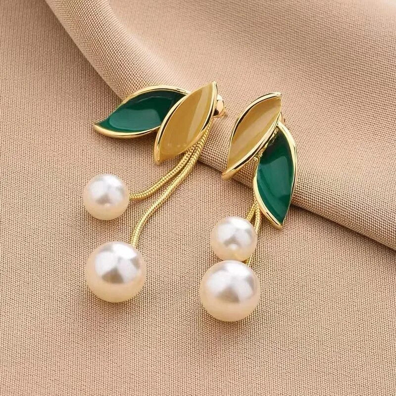 korean leaf pearl drop earring