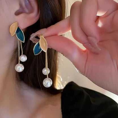 korean leaf pearl drop earring
