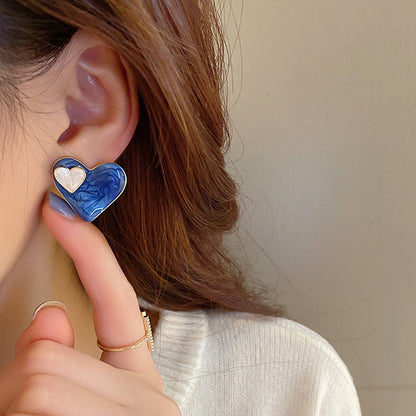 Korean blue and white heart stud earring
