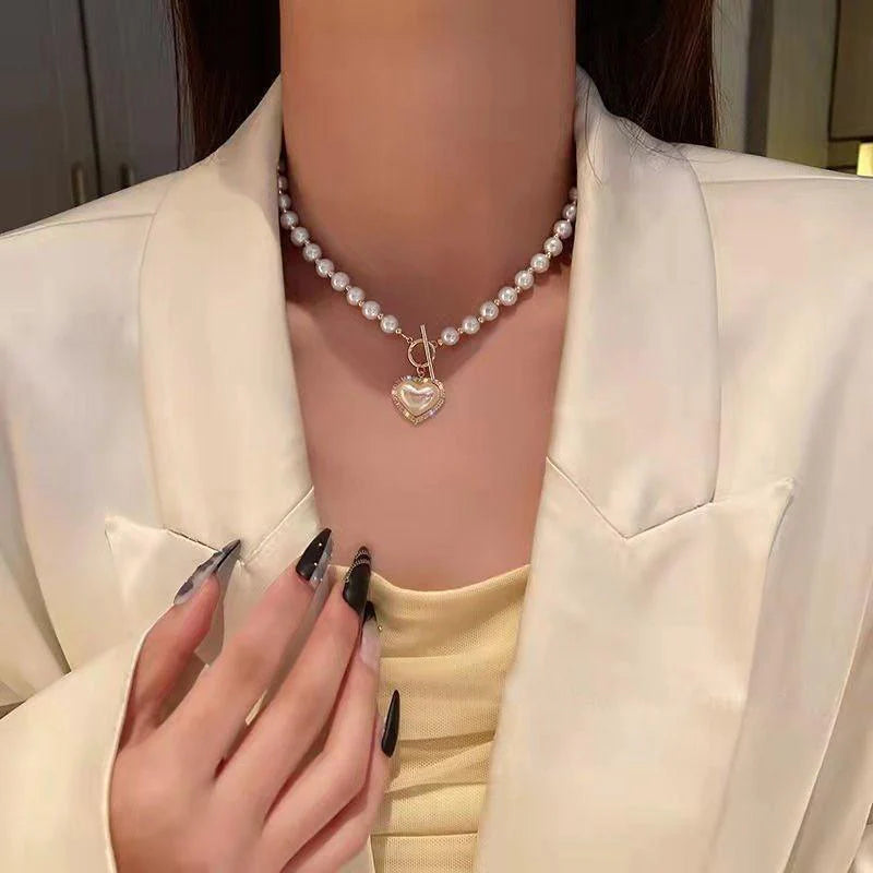 Korean Luxury Beautiful Style Gold Pearl Zirconia Stone Heart Pendant Necklace