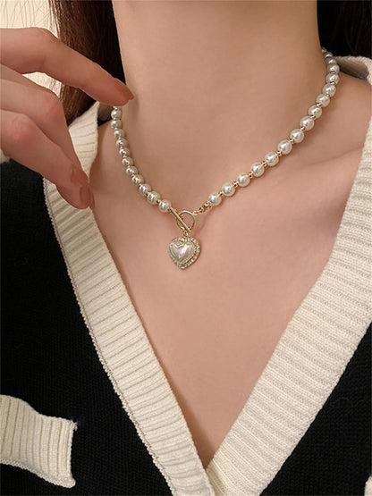 Korean Luxury Beautiful Style Gold Pearl Zirconia Stone Heart Pendant Necklace