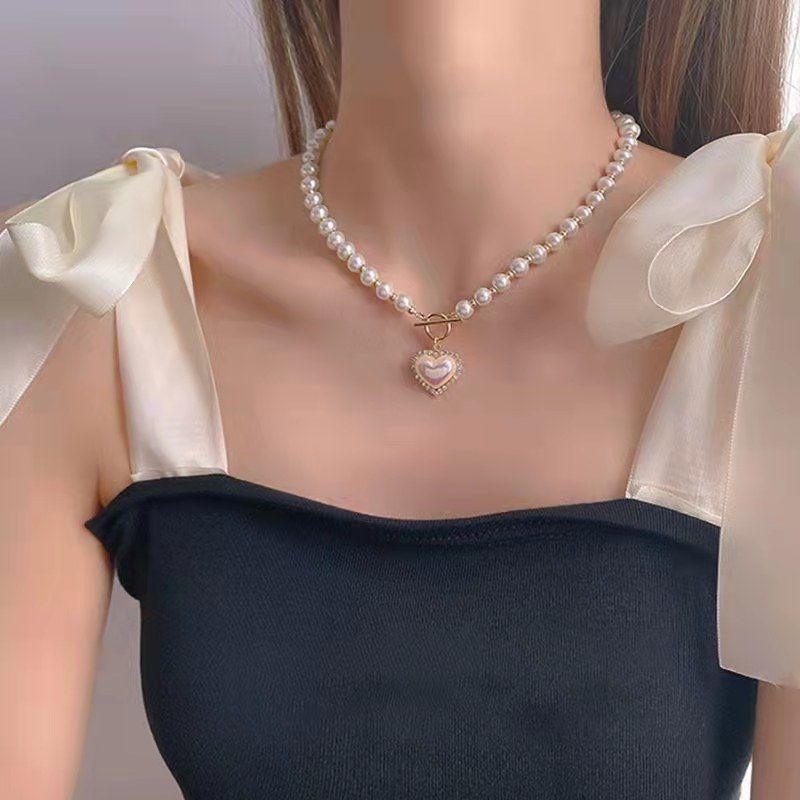 Korean Luxury Beautiful Style Gold Pearl Zirconia Stone Heart Pendant Necklace