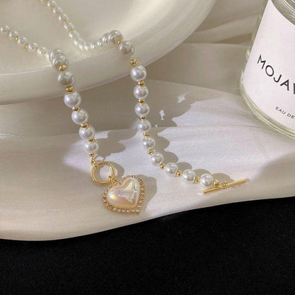 Korean Luxury Beautiful Style Gold Pearl Zirconia Stone Heart Pendant Necklace