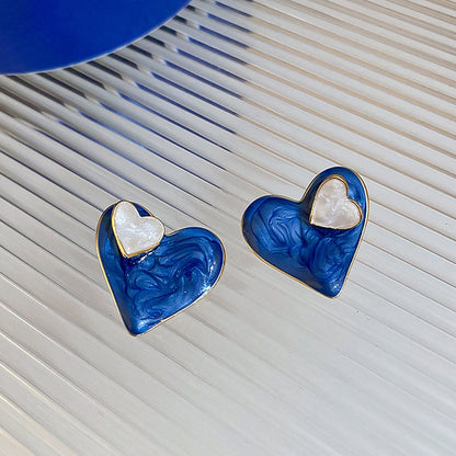 Korean blue and white heart stud earring