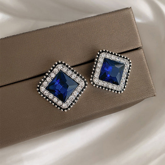 Korean Square Luxurious Zirconia Blue stone stud Earring