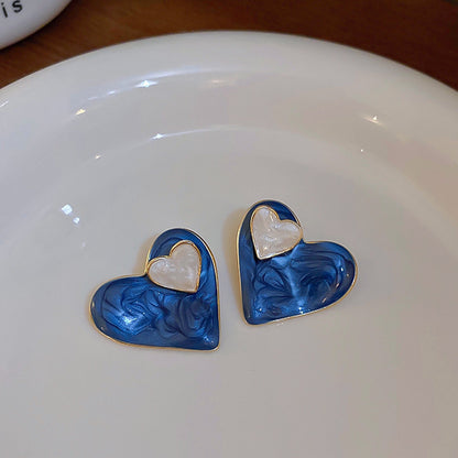 Korean blue and white heart stud earring