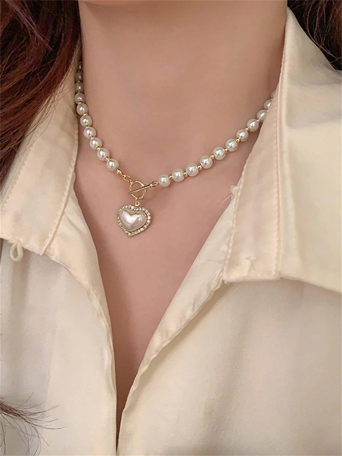 Korean Luxury Beautiful Style Gold Pearl Zirconia Stone Heart Pendant Necklace