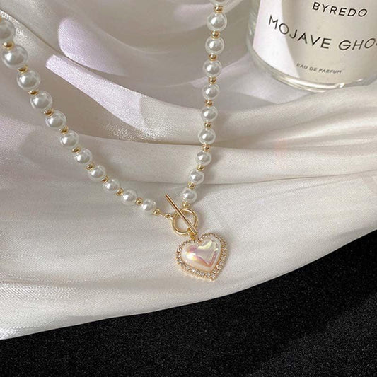 Korean Luxury Beautiful Style Gold Pearl Zirconia Stone Heart Pendant Necklace