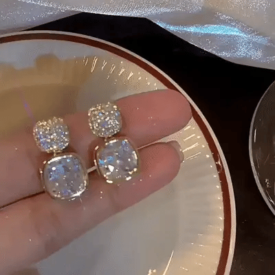 Korean Luxury Classic Geometric White Crystal Zircon Square Earrings Gold