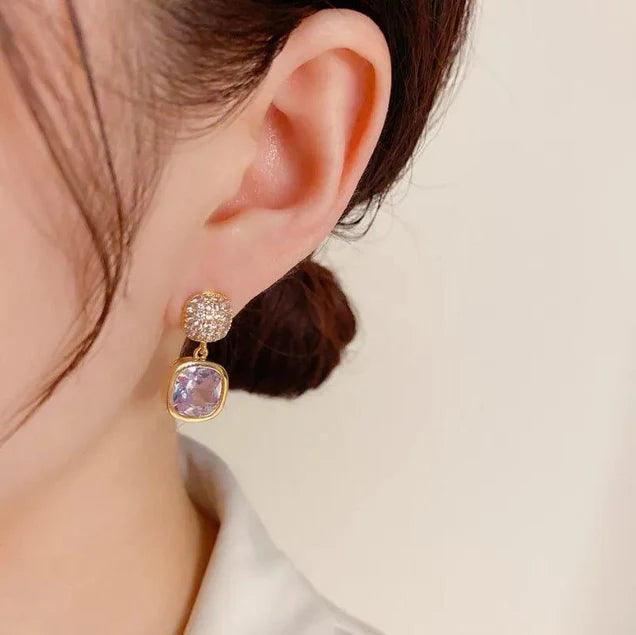 Korean Luxury Classic Geometric White Crystal Zircon Square Earrings Gold