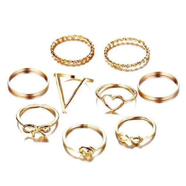 Beautifull Cross Knot Heart Infinity Ring Set of 9
