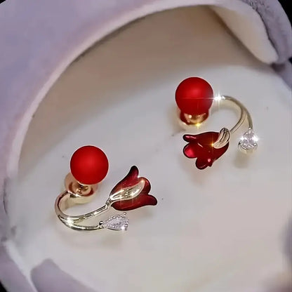 Red Flower Faux Pearl Earrings New Year Earrings For Women Party Favors