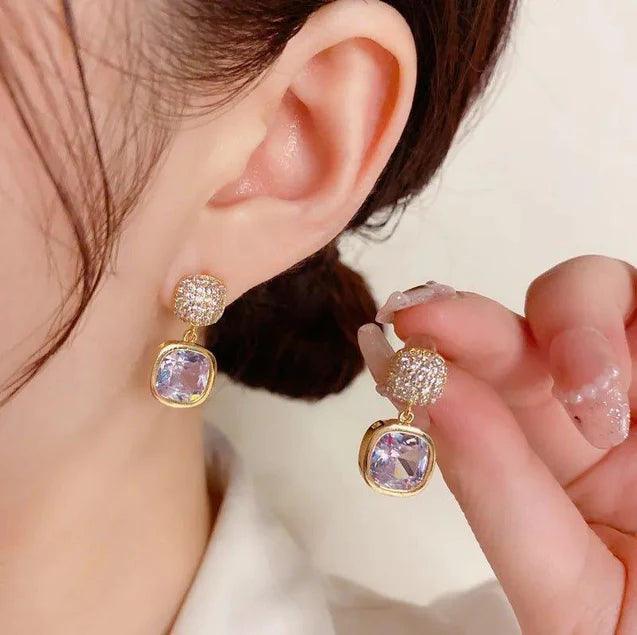 Korean Luxury Classic Geometric White Crystal Zircon Square Earrings Gold