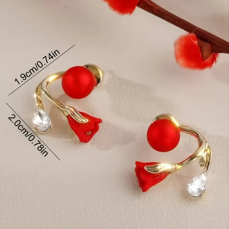 Red Flower Faux Pearl Earrings New Year Earrings For Women Party Favors