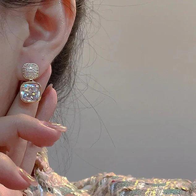 Korean Luxury Classic Geometric White Crystal Zircon Square Earrings Gold